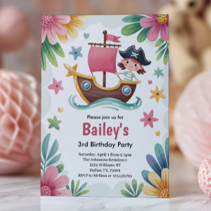 Watercolor Girls Pirate 3rd Birthday Party Invitation
