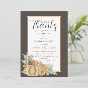 Watercolor Give Thanks Thanksgiving Dinner Brown Invitation