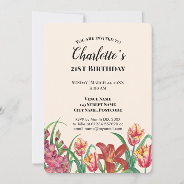 Watercolor Gladioli Tulips Lily Birthday Party Invitation (Front)