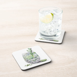 WATERCOLOR GLASS OF GIN AND TONIC WITH LIME COASTER
