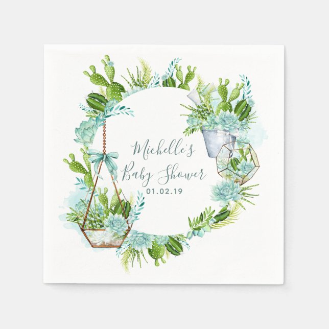 Watercolor Glass Terrarium Succulents Baby Shower Napkin (Front)