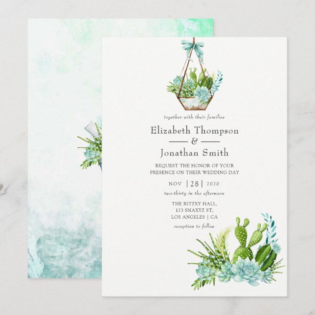 Watercolor Glass Terrarium Succulents Wedding Invitation (Front/Back)