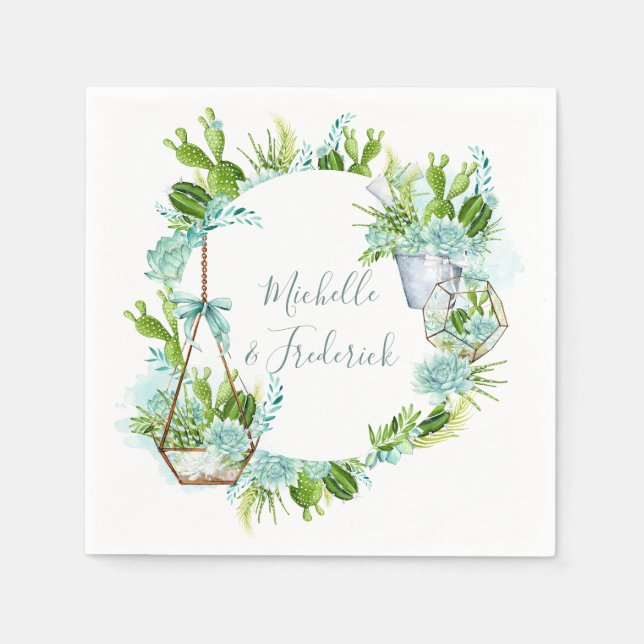 Watercolor Glass Terrarium Succulents Wedding Napkin (Front)