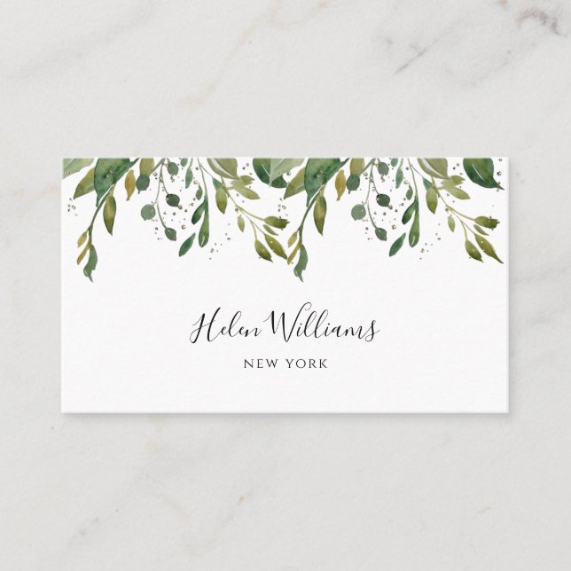 watercolor glitter foliage greenery business card (Front)