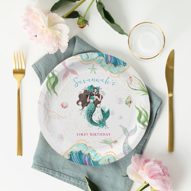 Watercolor Glitter Mermaid Birthday Paper Plate (Creator Uploaded)