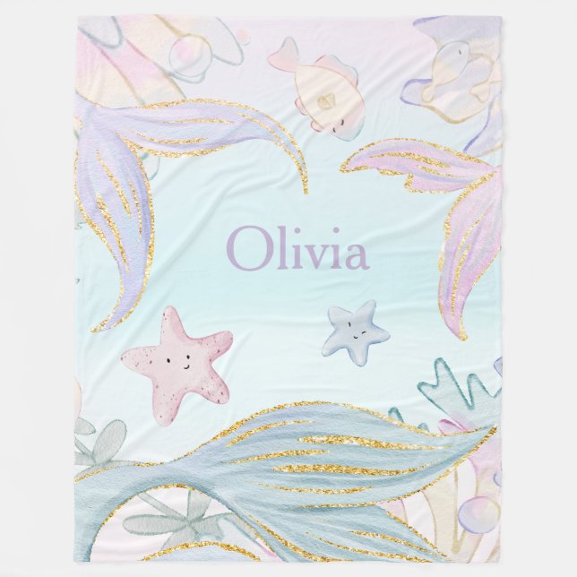 Watercolor Glitter Mermaid Tails Under the Sea Fleece Blanket (Front)
