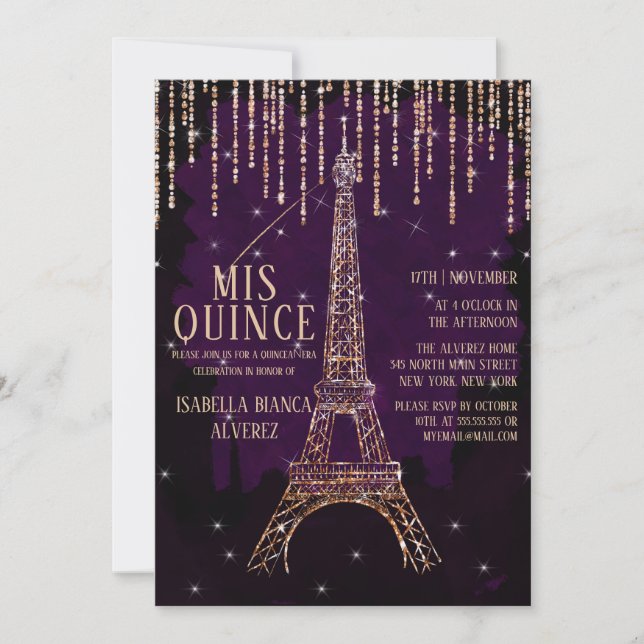 Watercolor Glitter Paris Eiffel Tower Quinceañera Invitation (Front)