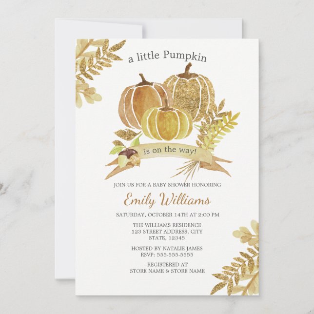 Watercolor Glitter Pumpkin Fall Baby Shower Card (Front)