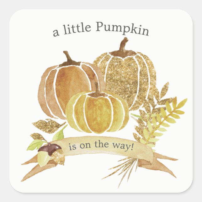 Watercolor Glitter Pumpkin Fall Baby Shower Square Sticker (Front)