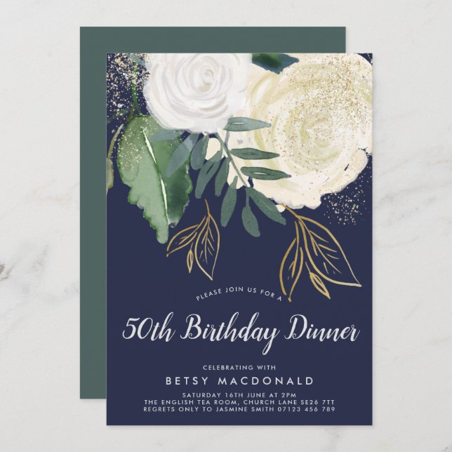 Watercolor & Glitter Roses 50th Birthday Dinner Invitation (Front/Back)