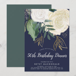 Watercolor & Glitter Roses 50th Birthday Dinner Invitation
