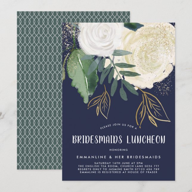Watercolor & Glitter Roses Bridesmaids Luncheon Invitation (Front/Back)