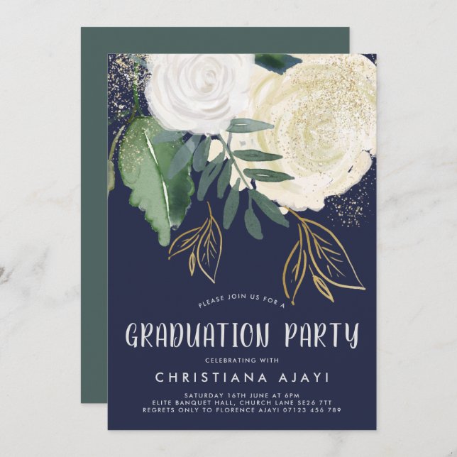 Watercolor & Glitter Roses Graduation Invitation (Front/Back)