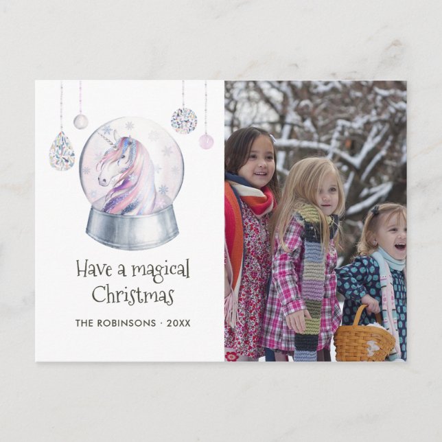 Watercolor Glitter Unicorn Winter Holiday Photo Postcard (Front)