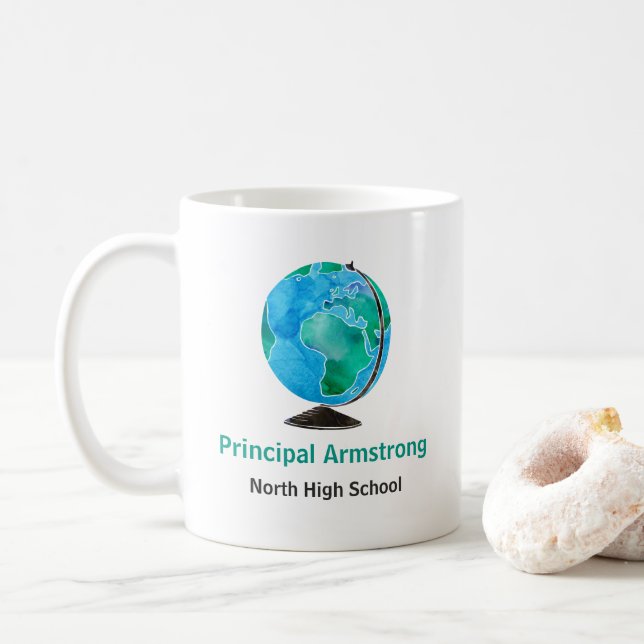 Watercolor Globe Personalized School Principal Coffee Mug (With Donut)