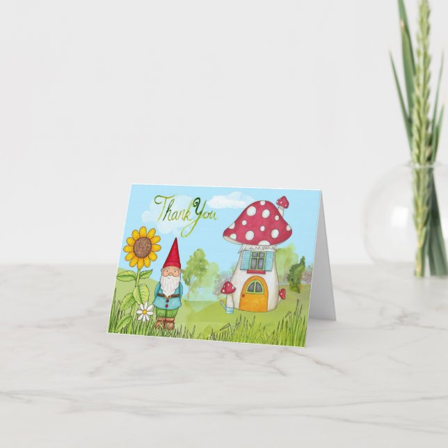 Watercolor Gnome and House Thank You Card (Front)