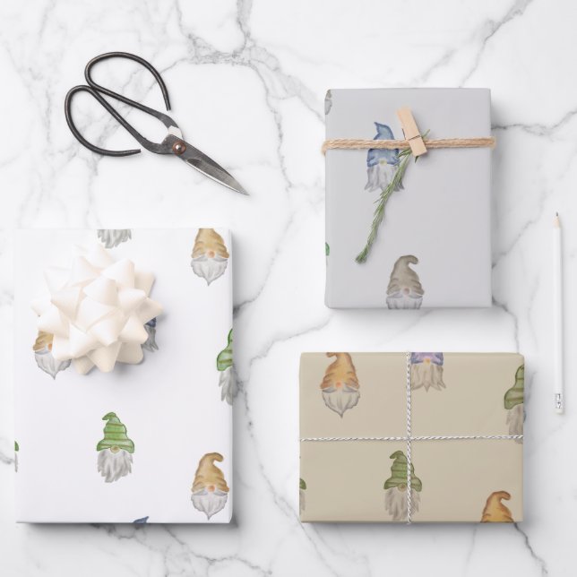 Watercolor Gnome Gift Wrap | 3 Sheets | 3 colours (Front)