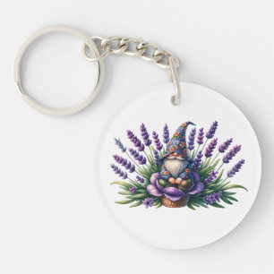 Watercolor Gnome & Purple Flowers Keychain