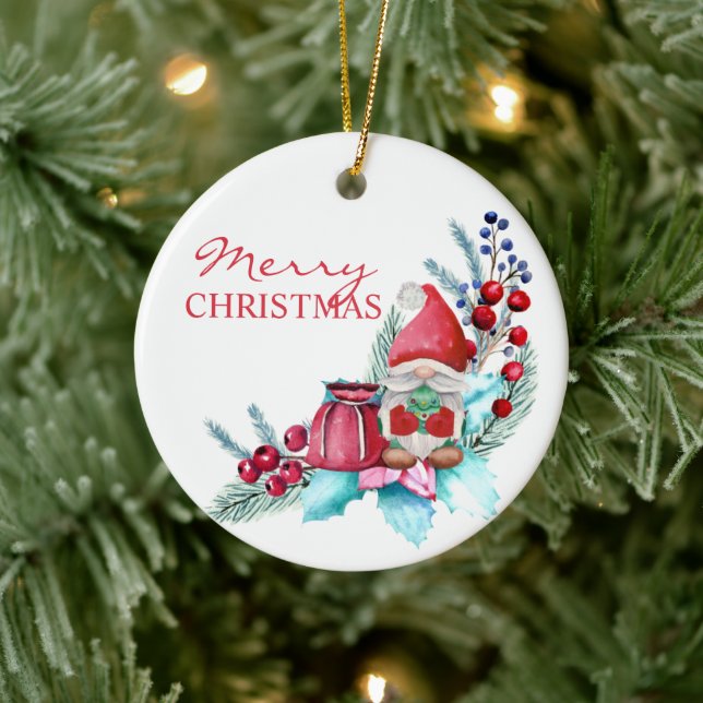 Watercolor Gnome With Christmas Tree Ceramic Ornament (Tree)