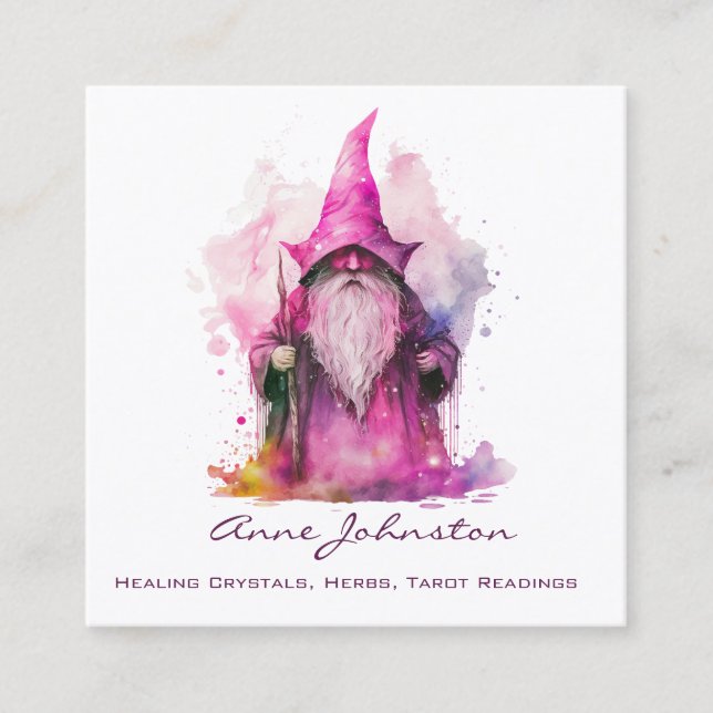Watercolor Gnome Wizard Square Business Card (Front)