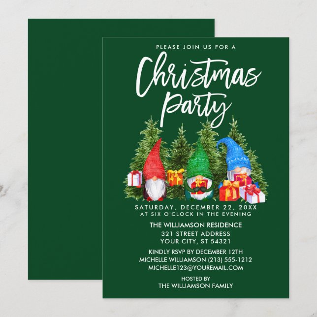 Watercolor Gnomes Christmas Party Green Invitation (Front/Back)
