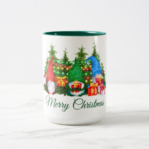 Watercolor Gnomes Green Merry Christmas Lights Two-Tone Coffee Mug