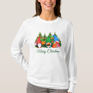 Watercolor Gnomes Green Merry Christmas Long W T-Shirt