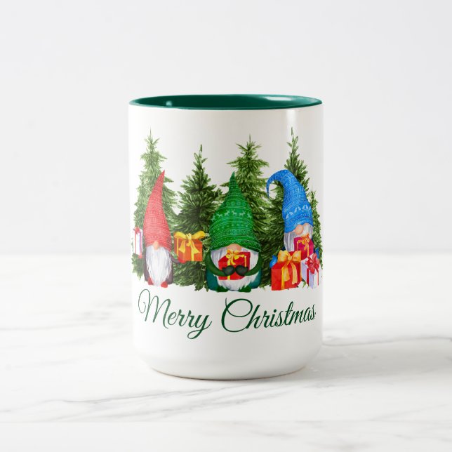 Watercolor Gnomes Green Merry Christmas Two-Tone Coffee Mug (Center)