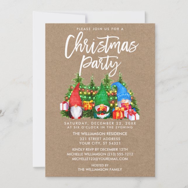 Watercolor Gnomes Lights Christmas Party Kraft Invitation (Front)