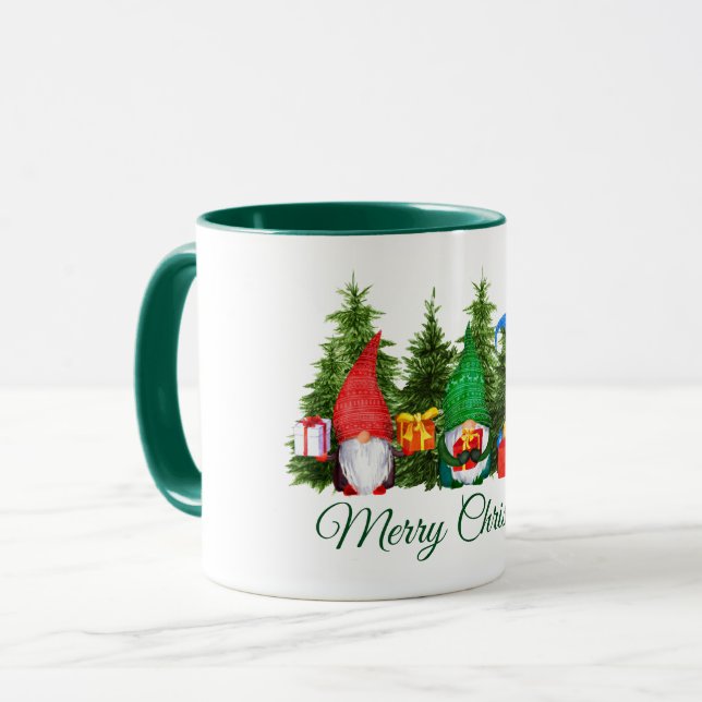 Watercolor Gnomes Merry Christmas Green Mug (Front Left)