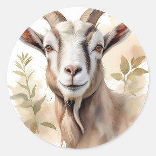 Watercolor Goat Portrait in Delicate Earthy Tones Classic Round Sticker