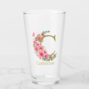 Watercolor Gold and Floral Monogram Letter C Glass