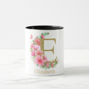 Watercolor Gold and Floral Monogram Letter E Mug