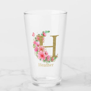 Watercolor Gold and Floral Monogram Letter H Glass