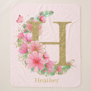 Watercolor Gold and Floral Monogram Letter H Sherpa Blanket