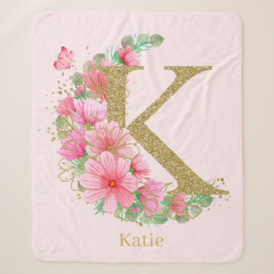 Watercolor Gold and Floral Monogram Letter K Sherpa Blanket