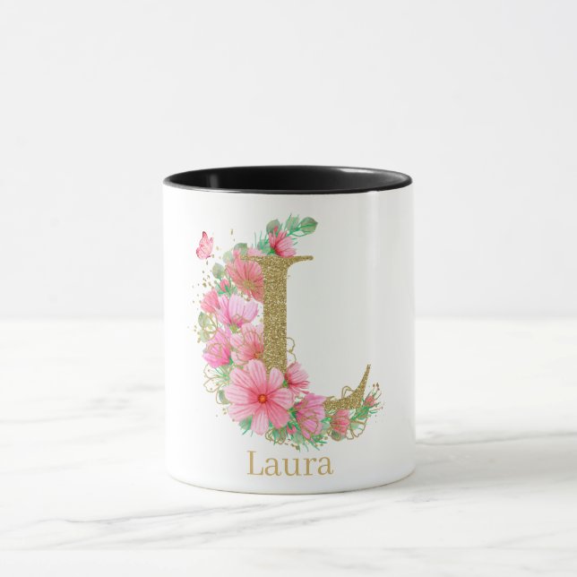 Watercolor Gold and Floral Monogram Letter L Mug (Center)