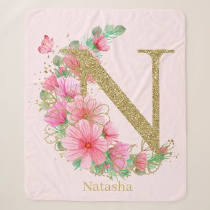 Watercolor Gold and Floral Monogram Letter N Sherpa Blanket