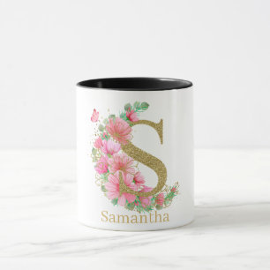 Watercolor Gold and Floral Monogram Letter S Mug