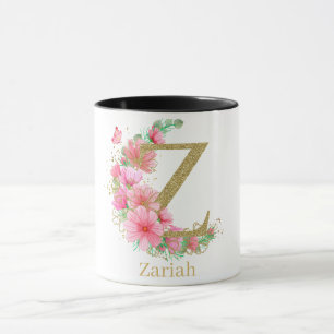 Watercolor Gold and Floral Monogram Letter Z Mug