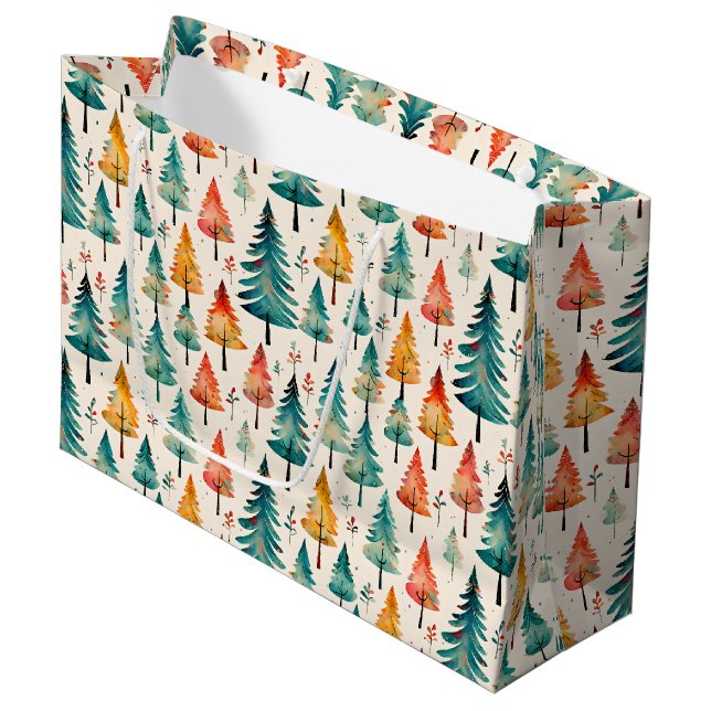 Watercolor Gold and Green Christmas Trees Large Gift Bag (Front Angled)