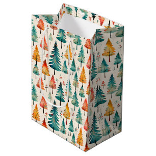 Watercolor Gold and Green Christmas Trees Medium Gift Bag