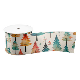 Watercolor Gold and Green Christmas Trees Satin Ribbon