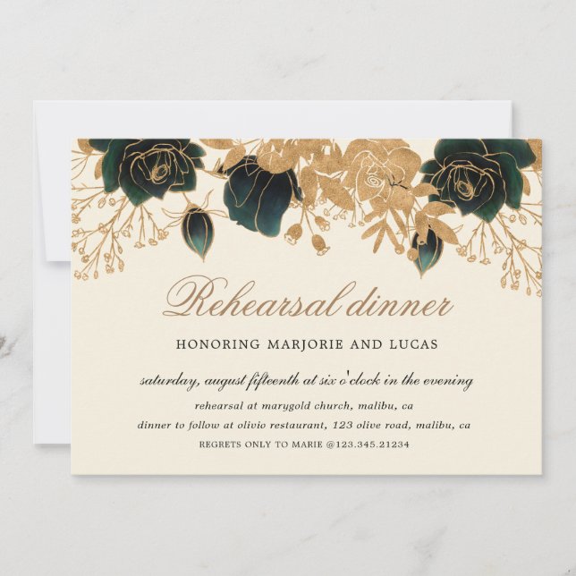 Watercolor Gold and Green Roses rehearsal dinner Invitation (Front)