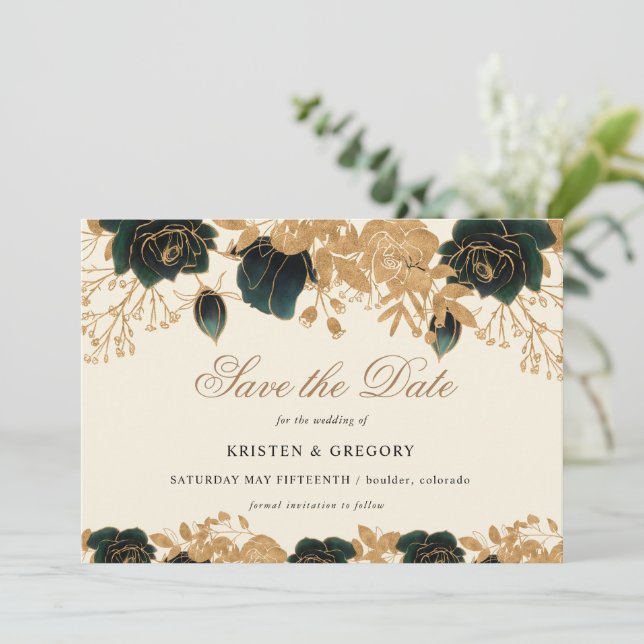Watercolor Gold And Green Roses Save The Date Invitation (Standing Front)