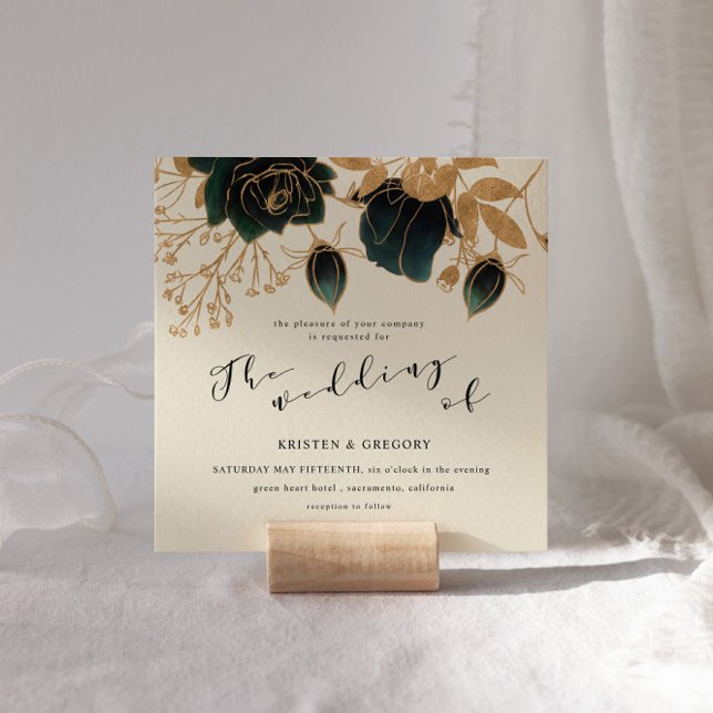 Watercolor Gold and Green Roses Square Wedding Invitation (Creator Uploaded)