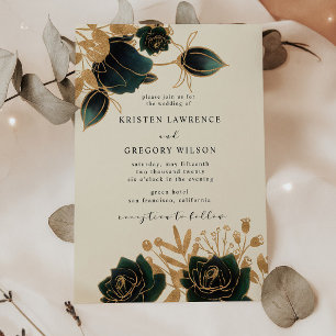 Watercolor Gold and Green Roses Wedding Invitation