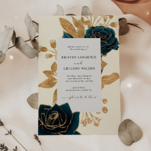 Watercolor Gold and Green Roses Wedding Invitation