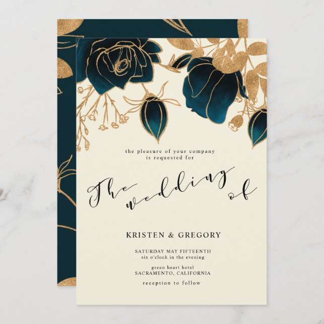 Watercolor Gold and Green Wedding Invitation (Front/Back)