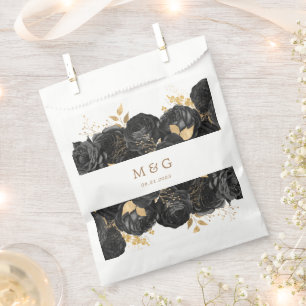 Watercolor Gold Black Roses Monogram Wedding Favour Bag